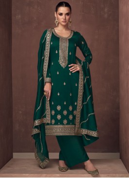 Capricious Embroidered Green Palazzo Salwar Kameez 