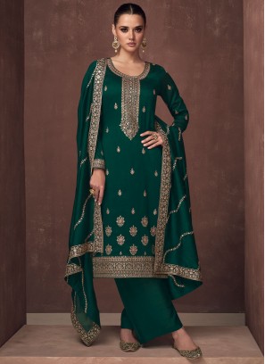 Capricious Embroidered Green Palazzo Salwar Kameez 
