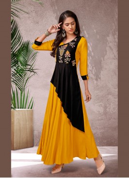 Capricious Embroidered Rayon Yellow Designer Kurti