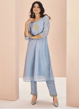 Capricious Organza Embroidered Blue Party Wear Kur