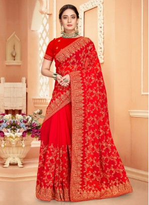 Capricious Red Zari Designer Saree