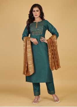 Capricious Teal Embroidered Cotton Silk Salwar Suit