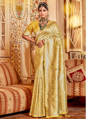 Capricious Yellow Silk Contemporary Saree