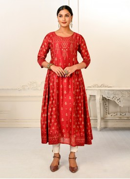 Captivating Embroidered Cotton Floor Length Kurti