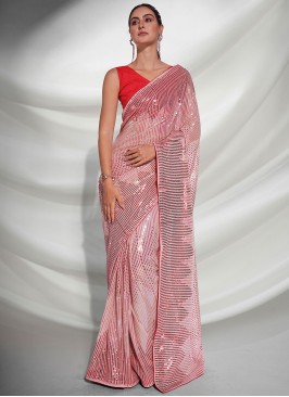 Captivating Georgette Pink Embroidered Contemporary Saree
