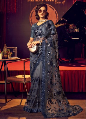 Captivating Grey Embroidered Net Designer Saree