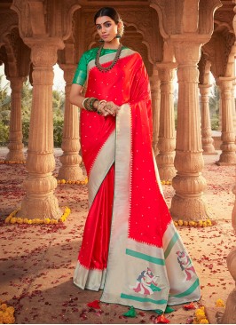 Captivating Red Satin Silk Contemporary Style Saree