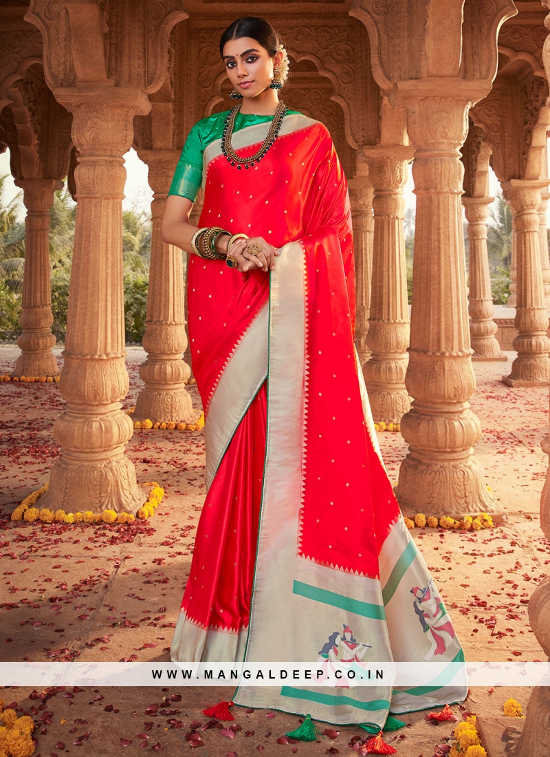 Captivating Red Satin Silk Contemporary Style Saree