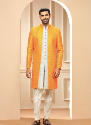 Captivating White And Orange Silk Indowestern Suit