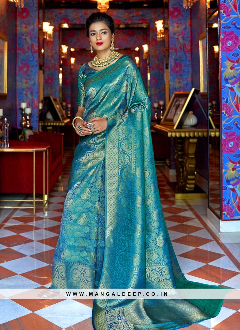 Catchy Blue Silk Traditional Designer Saree