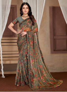 Catchy Digital Print Grey Net Saree