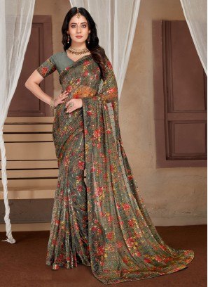 Catchy Digital Print Grey Net Saree