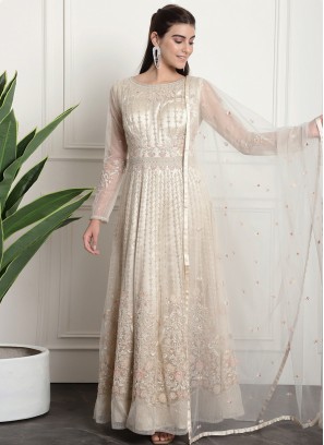 Catchy Embroidered Net Off White Anarkali Salwar Suit