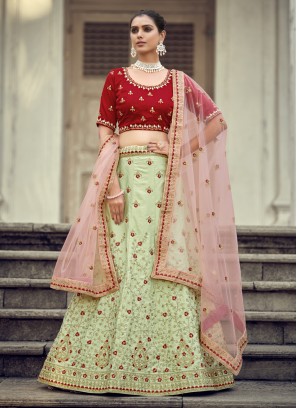 Catchy Satin Green Stone A Line Lehenga Choli