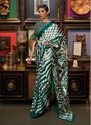 Celestial Faux Crepe Off White Abstract Print Trendy Saree