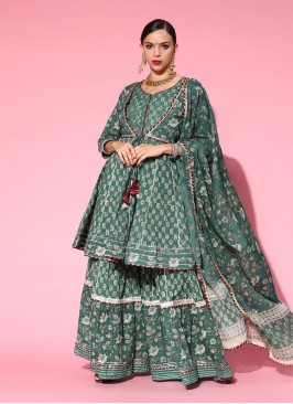 Celestial Green Printed Blended Cotton Readymade Salwar Kameez