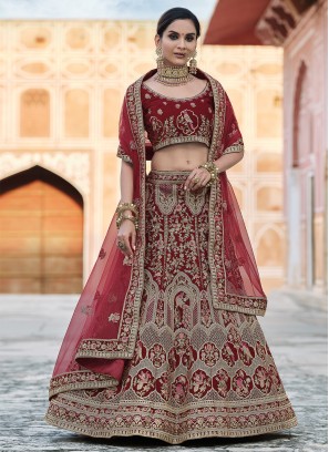 Celestial Maroon Handwork Velvet Lehenga Choli