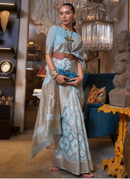 Celestial Patola Silk  Weaving Aqua Blue Trendy Saree