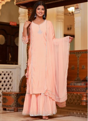 Celestial Peach Embroidered Silk Readymade Style