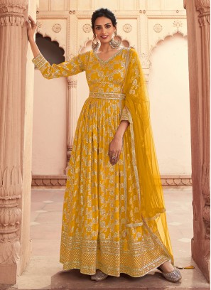 Celestial Silk Yellow Embroidered Trendy Anarkali Salwar Kameez