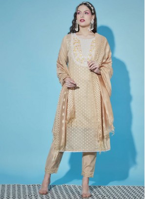 Chanderi Beige Embroidered Salwar Suit