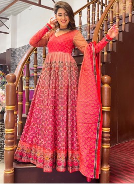 Chanderi Digital Print Pink Floor Length Designer Suit