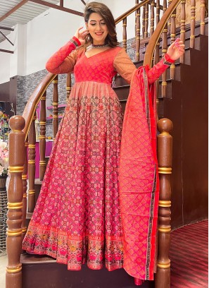 Chanderi Digital Print Pink Floor Length Designer Suit