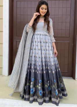 Chanderi Grey Floor Length Designer Suit