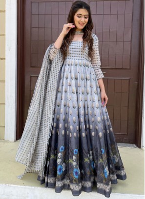 Chanderi Grey Floor Length Designer Suit