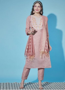 Chanderi Peach Embroidered Readymade Salwar Suit