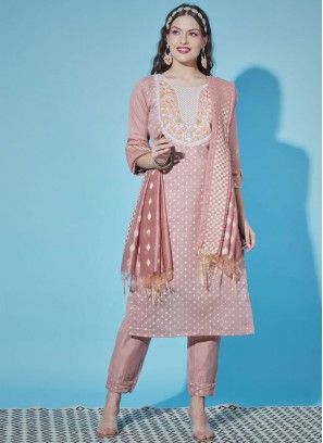 Chanderi Peach Embroidered Readymade Salwar Suit