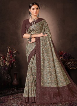 Chanderi Silk Digital Print Brown Contemporary Saree