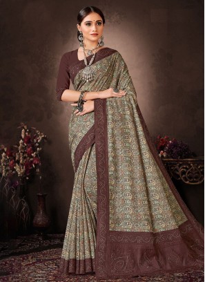 Chanderi Silk Digital Print Brown Contemporary Saree