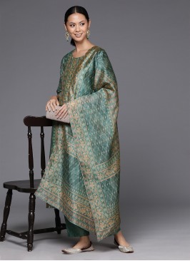 Chanderi Silk Printed Sea Green Readymade Salwar K