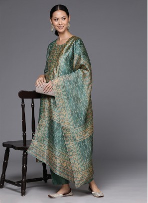 Chanderi Silk Printed Sea Green Readymade Salwar Kameez