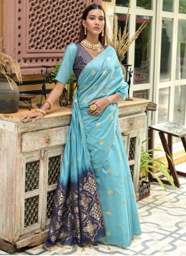 Chanderi Silk Zari Firozi Designer Saree