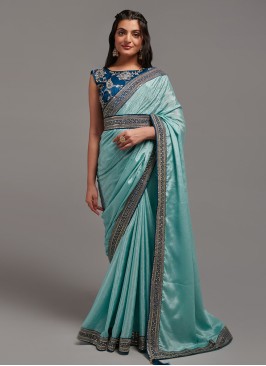 Charismatic Chinon Aqua Blue Zari Trendy Saree