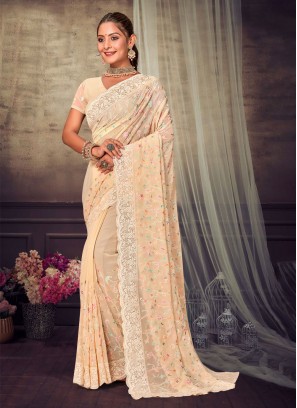 Charismatic Embroidered Cream Trendy Saree