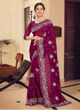 Charismatic Purple Resham Georgette Contemporary Style Saree