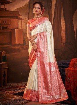 Charismatic Weaving Off White Kanchipuram Silk Contemporary Saree