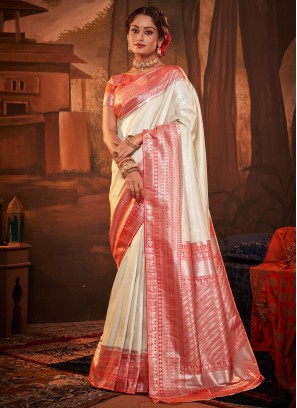Charismatic Weaving Off White Kanchipuram Silk Contemporary Saree