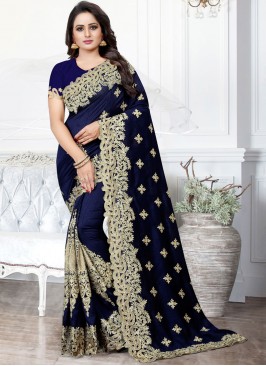 Charming Embroidered Navy Blue Traditional Saree