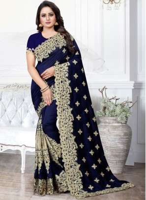 Charming Embroidered Navy Blue Traditional Saree