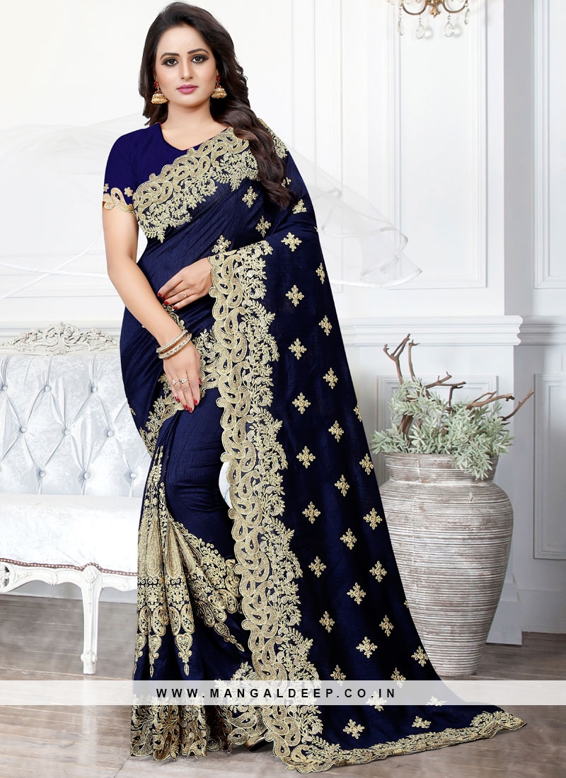 Charming Embroidered Navy Blue Traditional Saree