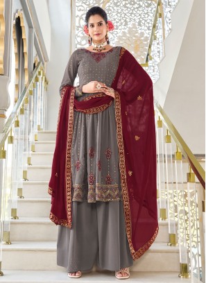 Charming Georgette Grey Embroidered Trendy Salwar Kameez