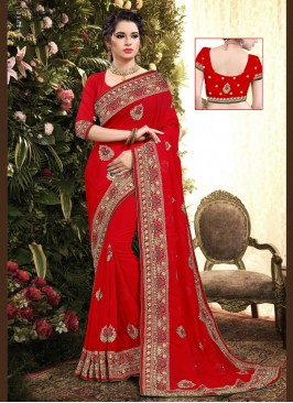 Charming Georgette Red Resham Classic Saree