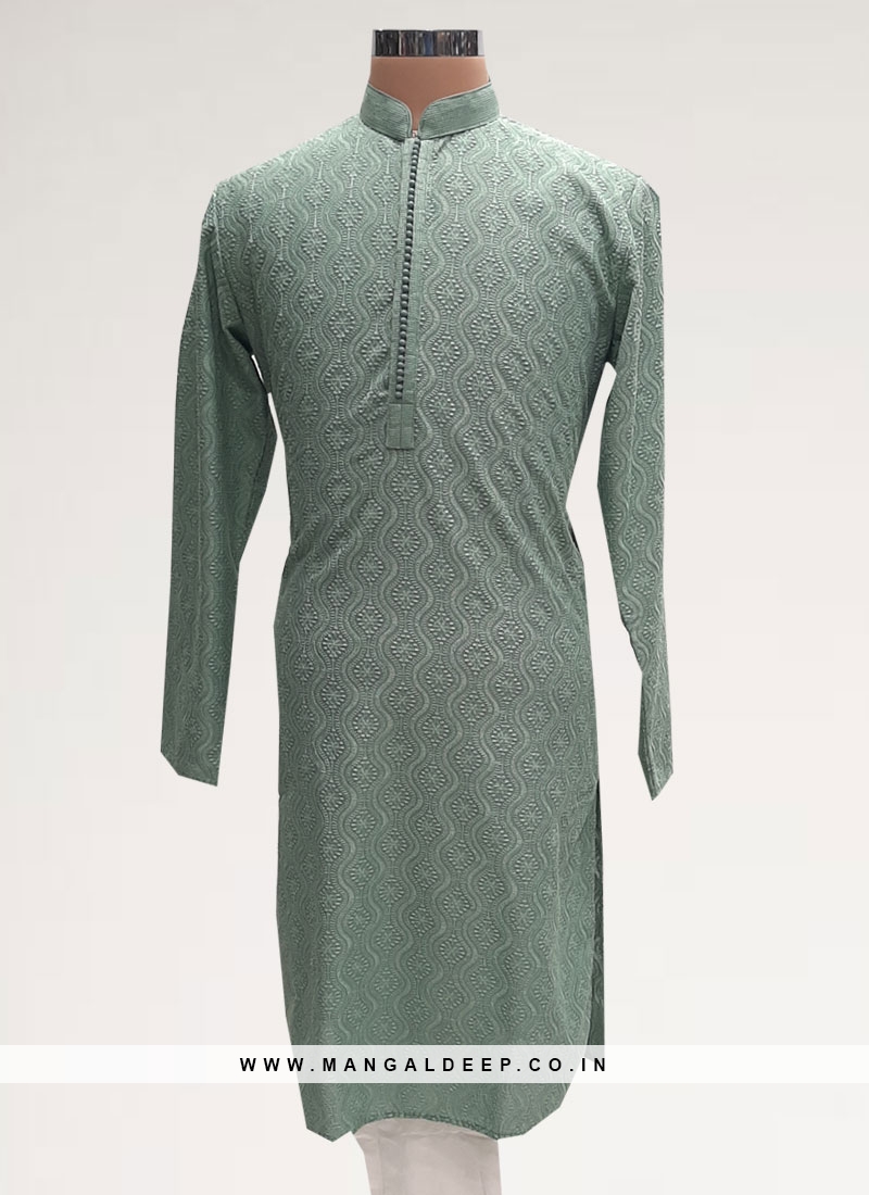 Charming Green Color Sangeet Function Wear Men Kurta Pajama