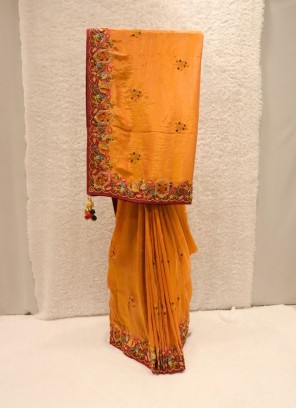 Charming Orange Banarasi Tissue Silk Saree For Wedding