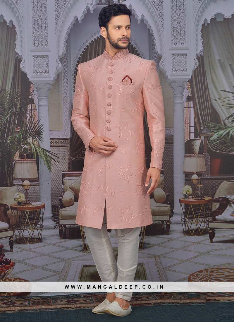 Charming Peach Color Men Sherwani For ...