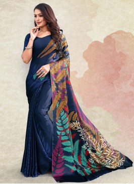 Charming Printed Navy Blue Satin Contemporary Saree